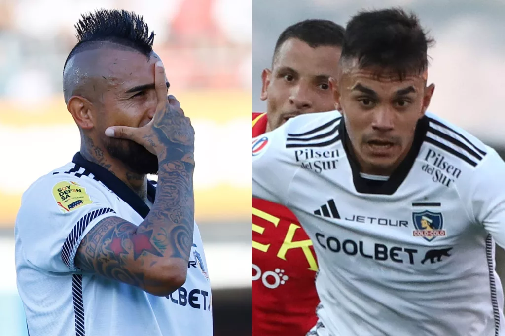 Primer plano a Arturo Vidal y Vicente Pizarro con la camiseta de Colo-Colo.