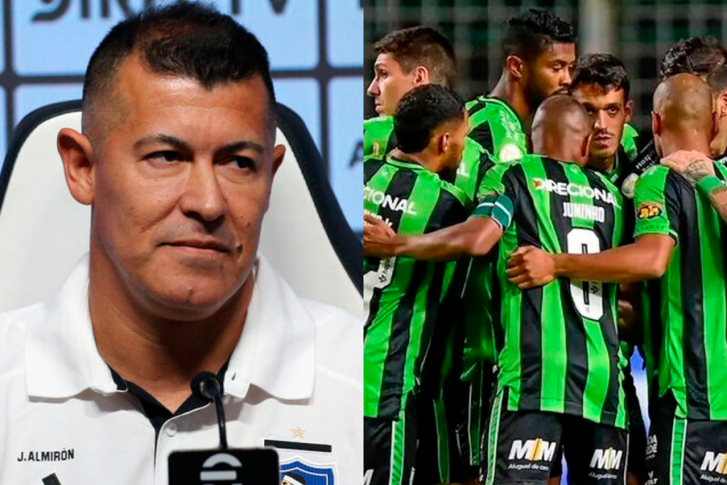 A mano izquierda se puede ver el rostro serio de Jorge Almirón, entrenador de Colo-Colo durante la temporada 2024, sumado a los futbolistas de América Mineiro abrazados durante el 2023.