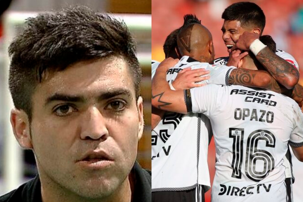 Primer plano al rostro de Jean Pierre Bonvallet, analista de fútbol, sumado a los jugadores de Colo-Colo celebrando un gol durante la temporada 2024.