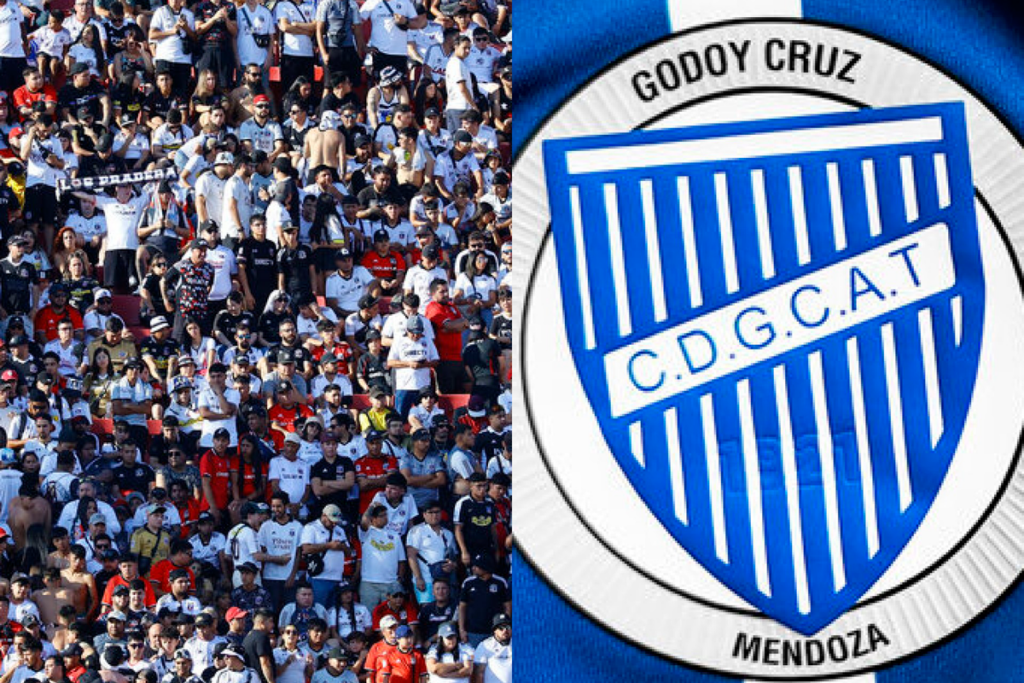 A mano izquierda de la fotografía aparecen los hinchas de Colo-Colo durante un partido del equipo en las tribunas, mientras que en el sector derecho aparece el escudo de Godoy Cruz, escuadra de Mendoza, Argentina.