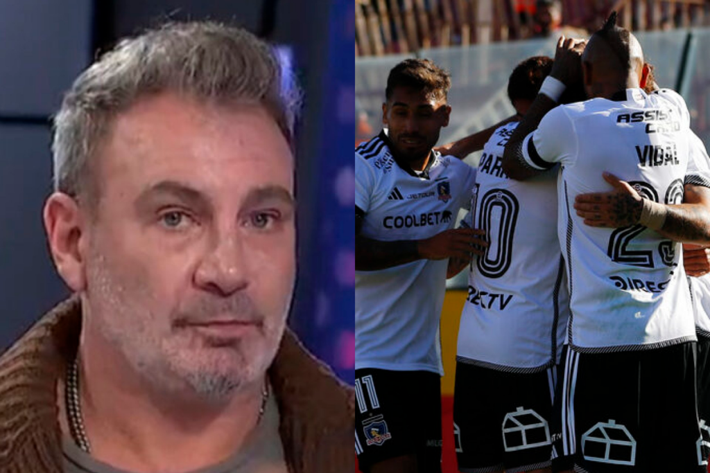 Primer plano al rostro serio de Marcelo Barticciotto, ex futbolista profesional y actual comentarista deportivo. Por su parte, a mano derecha se encuentran los jugadores de Colo-Colo celebrando un gol durante la temporada 2024.