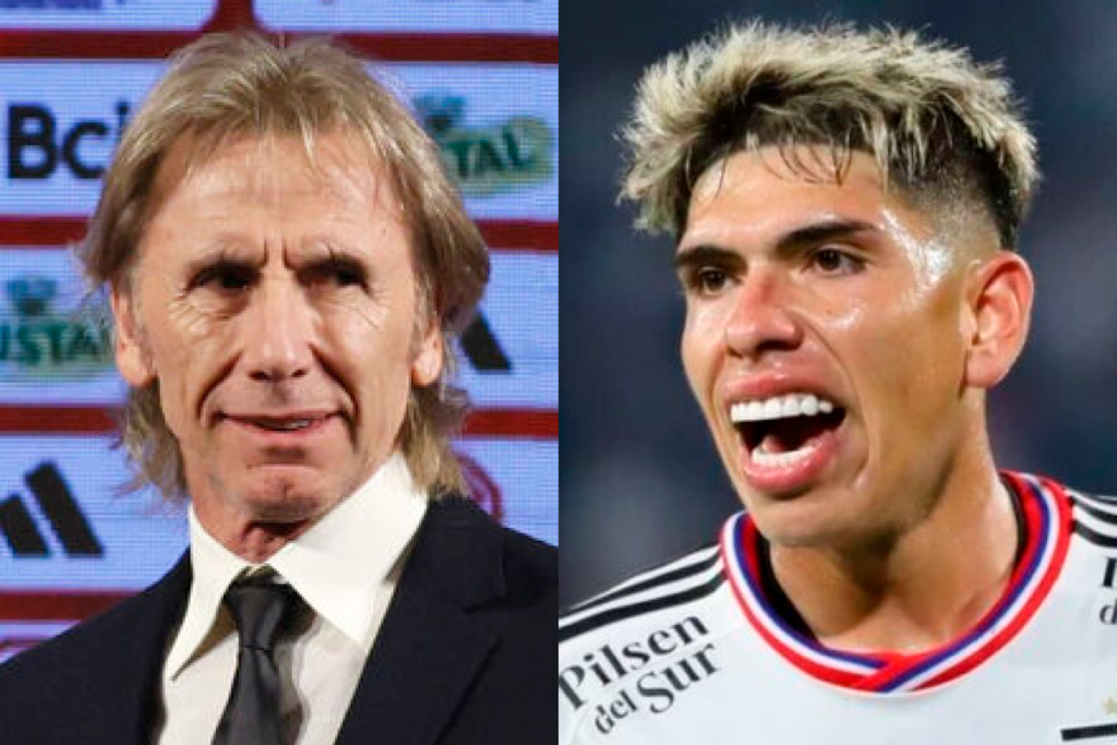 Primer plano al rostro de Ricardo Gareca y Carlos Palacios, entrenador de la Selección Chilena y futbolista de Colo-Colo durante la temporada 2024, respectivamente.