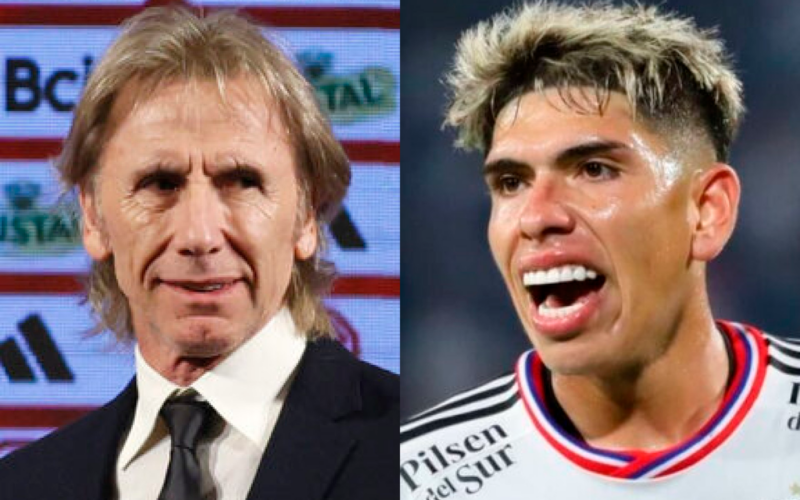 Primer plano al rostro de Ricardo Gareca y Carlos Palacios, entrenador de la Selección Chilena y futbolista de Colo-Colo durante la temporada 2024, respectivamente.