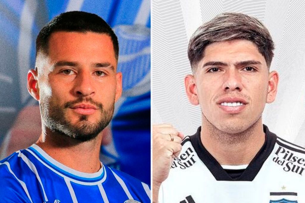 Futbolista de Godoy Cruz posa ante las cámaras, mientras que Carlos Palacios hace lo propio con la camiseta de Colo-Colo.