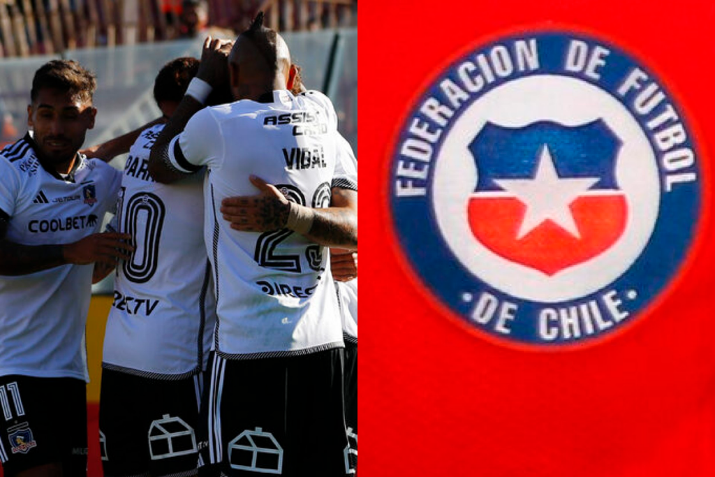 A mano izquierda los jugadores de Colo-Colo celebran un gol durante la temporada 2024, mientras que en el sector derecha aparece el escudo de la Selección Chilena de Fútbol.