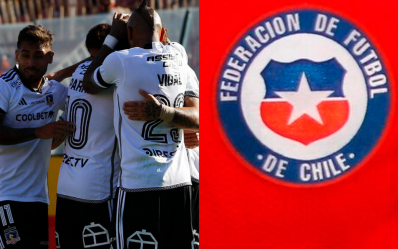 A mano izquierda los jugadores de Colo-Colo celebran un gol durante la temporada 2024, mientras que en el sector derecha aparece el escudo de la Selección Chilena de Fútbol.