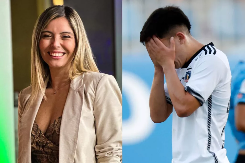 Verónica Bianchi sonriendo y jugador de Colo-Colo con las manos en la cabeza.