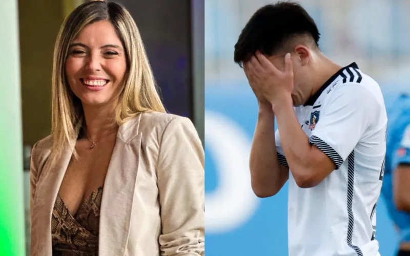 Verónica Bianchi sonriendo y jugador de Colo-Colo con las manos en la cabeza.