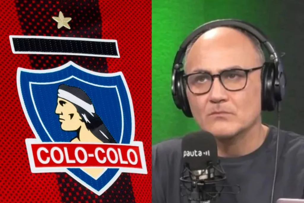 Escudo de Colo-Colo a mano izquierda, mientras que a la derecha aparece el rostro serio del periodista deportivo Fernando Agustín Tapia con un micrófono delante de él.