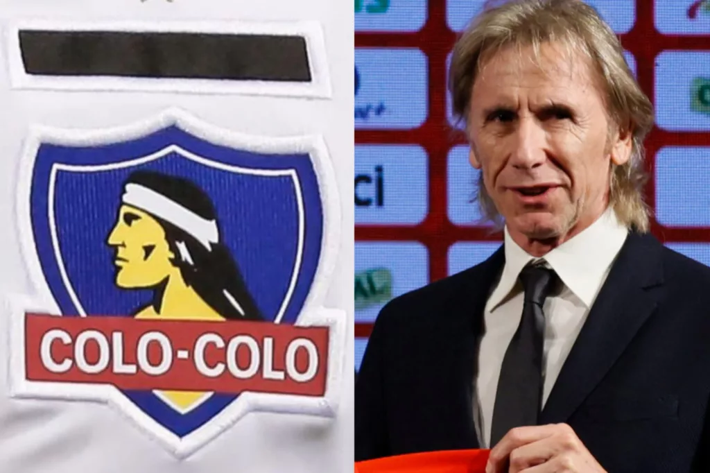 Ricardo Gareca durante su presentación como nuevo entrenador de la Selección Chilena junto al escudo de Colo-Colo.