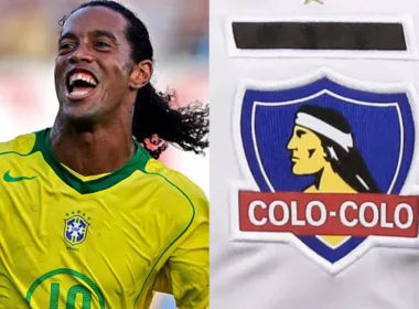 Primer plano a Ronaldinho con la camiseta de Brasil y el escudo de Colo-Colo