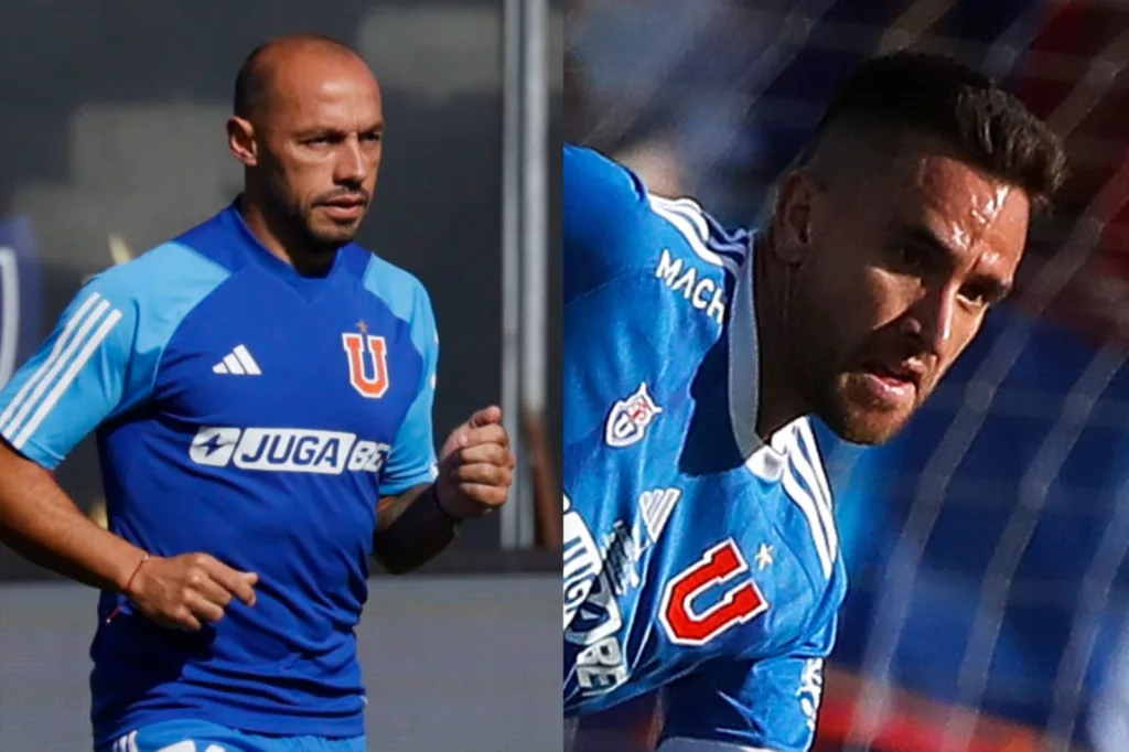 Primer plano a Marcelo Día y Matías Zaldivia con indumentaria de la Universidad de Chile.