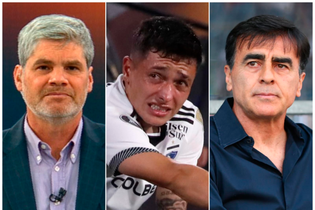 Primer plano al periodista deportivo, Juan Cristóbal Guarello, sumado a Cristián Zavala con la camiseta de Colo-Colo con cara de afligido al centro de la imagen, mientras que a mano derecha está Gustavo Quinteros con cara de concentración.