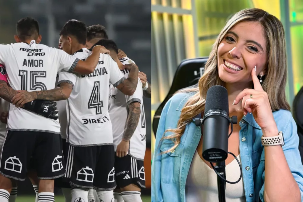 Verónica Bianchi junto a un micrófono de radio y el plantel de Colo-Colo reunido antes de enfrentar a Sportivo Trinidense en el Estadio Monumental,