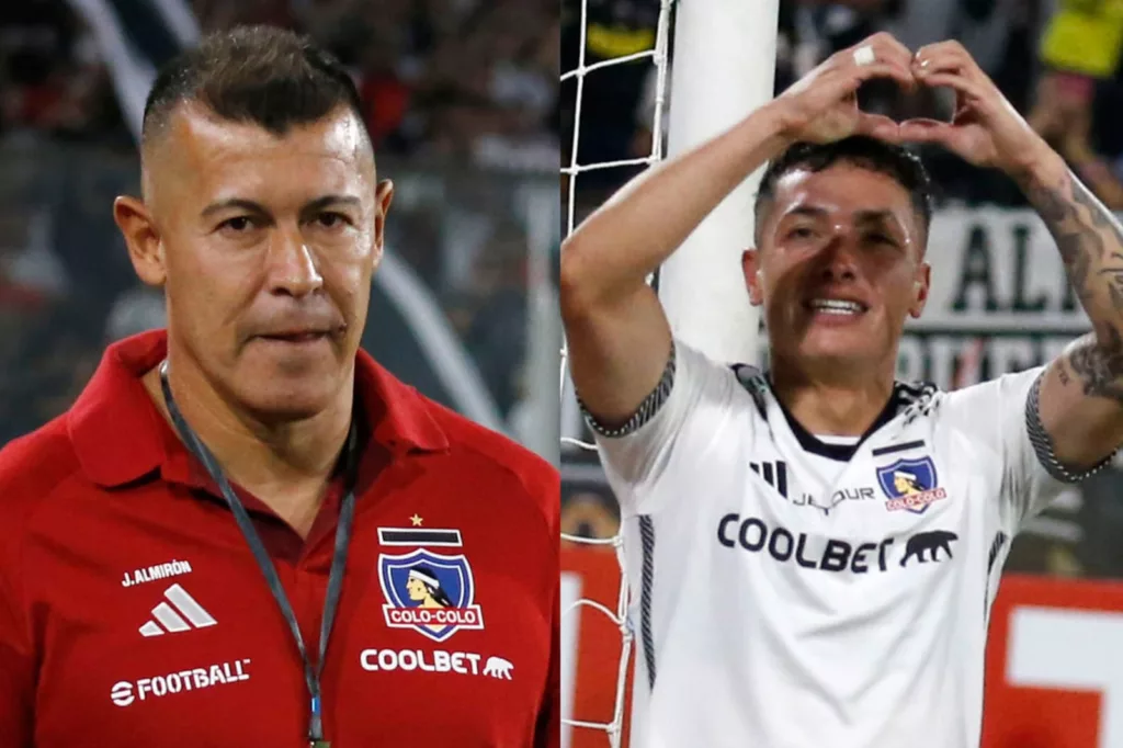 Primer plano a los rostros de Jorge Almirón y Cristián Zavala con indumentaria de Colo-Colo.