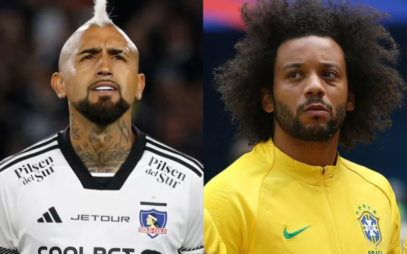 Primer plano a los rostros serios de Arturo Vidal con camiseta de Colo-Colo y Marcelo con indumentaria de Fluminense.