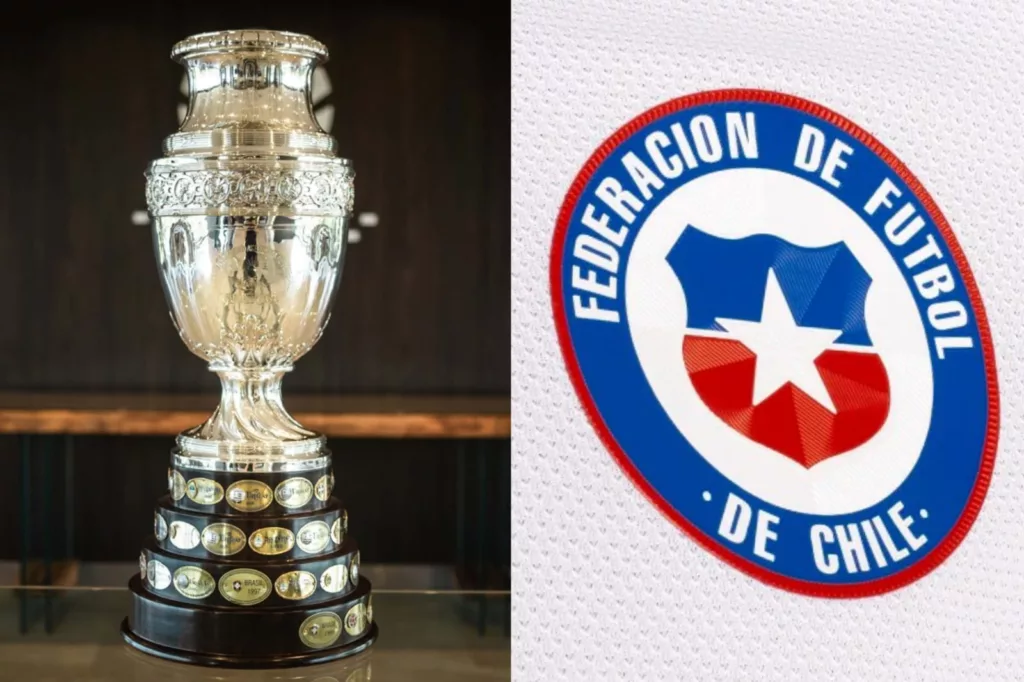 Trofeo Copa América y el escudo de la Selección Chilena en una camiseta blanca.