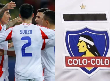 Jugadores de la Selección Chilena celebrando un gol y el escudo de Colo-Colo