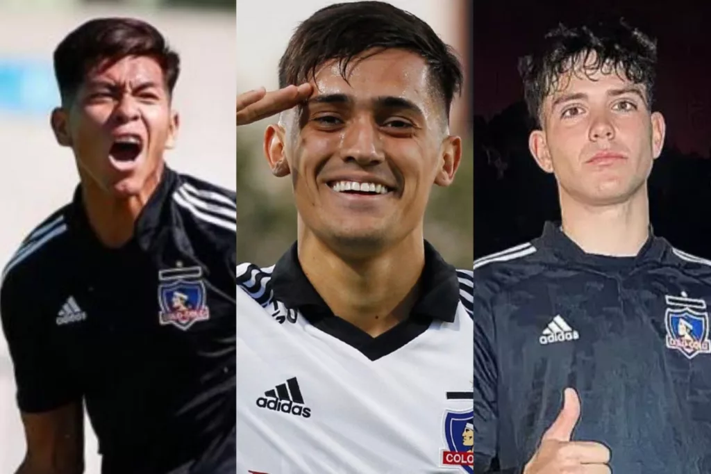 Primer plano a Ervin Vaca, Pablo Solari y Pablo da Silveira con indumentaria de Colo-Colo.