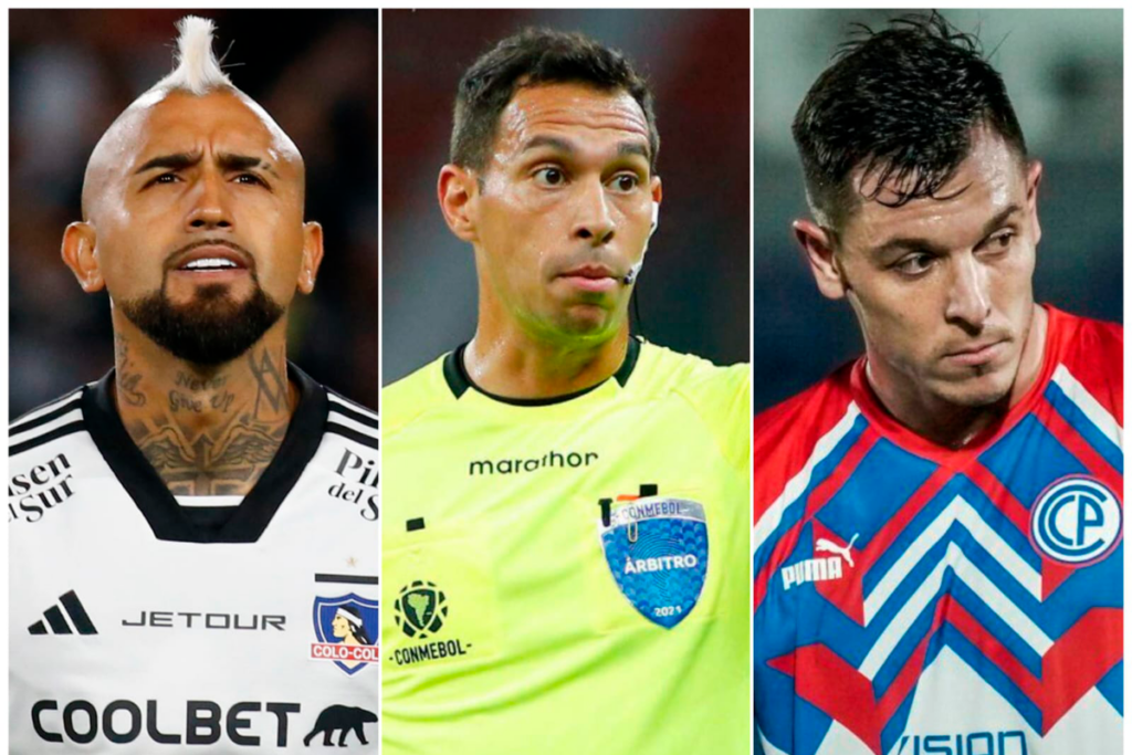 Primer plano a los rostros de Arturo Vidal, Facundo Tello y Diego Churín, actual futbolista de Colo-Colo, árbitro profesional y delantero de Cerro Porteño, respectivamente.