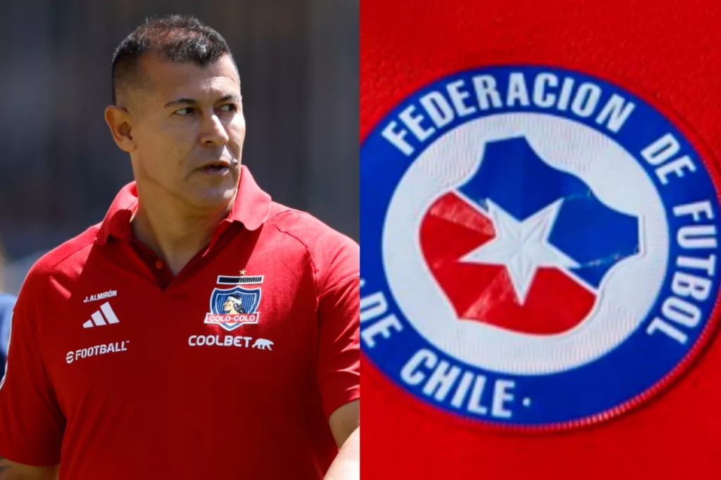 Primer plano a Jorge Almirón y el escudo de la Selección Chilena