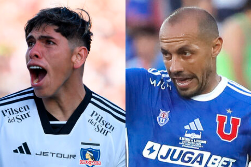 Primer plano al rostro eufórico de Carlos Palacios celebrando un gol con la camiseta de Colo-Colo, mientras que a mano derecha aparece Marcelo Díaz defendiendo los colores de Universidad de Chile.