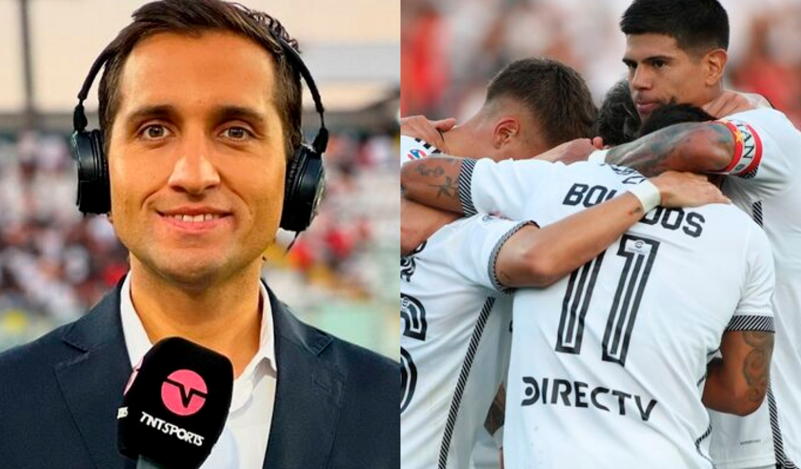 Primer plano al rostro sonriente de Daniel Arrieta con el micrófono de TNT Sports, mientras que a mano derecha los futbolistas de Colo-Colo se abrazan celebrando un gol durante la temporada 2024.