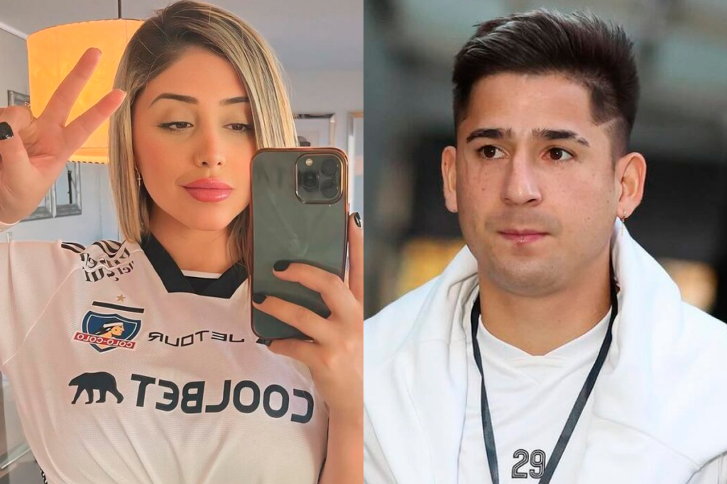 Yessenia Riveros, esposa de Guillermo Paiva con la camiseta de Colo-Colo a mano izquierda, mientras que en el sector derecho está el jugador con cara de seriedad.