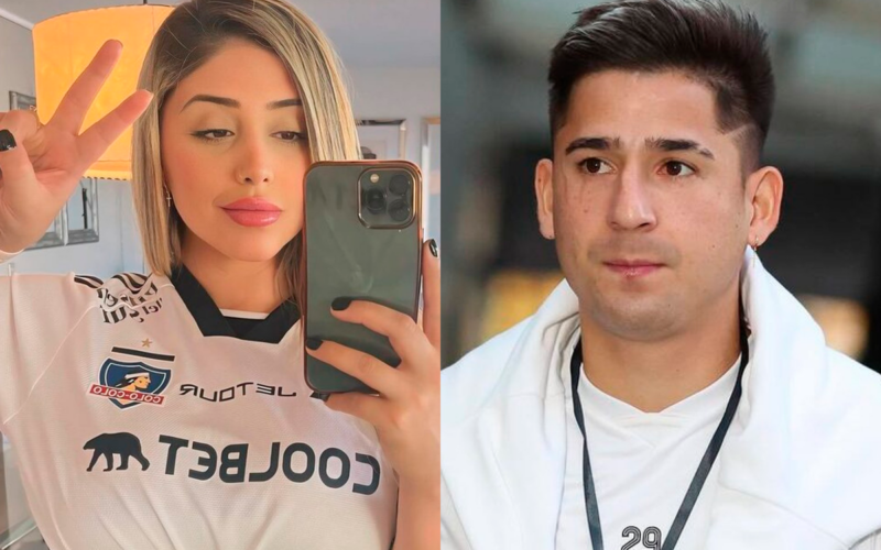 Yessenia Riveros, esposa de Guillermo Paiva con la camiseta de Colo-Colo a mano izquierda, mientras que en el sector derecho está el jugador con cara de seriedad.