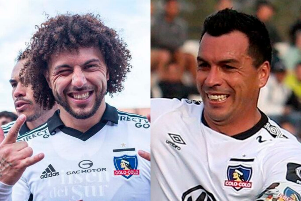 Primer plano al rostro sonriente de Maximiliano Falcón a mano izquierda y Esteban Paredes a mano derecha, jugador y ex futbolista con la camiseta de Colo-Colo, respectivamente.