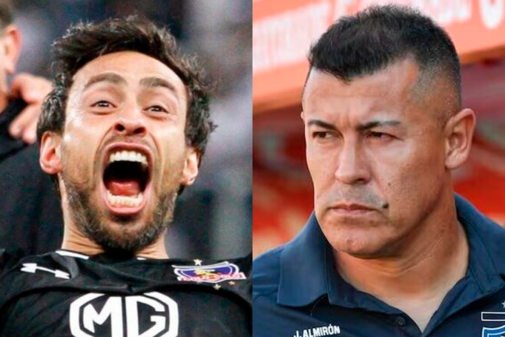 Jorge Valdivia con el rostro eufórico en pleno partido con la camiseta de Colo-Colo, mientras que a mano derecha se puede ver un primer plano a la mirada atenta de Jorge Almirón, entrenador de fútbol profesional.