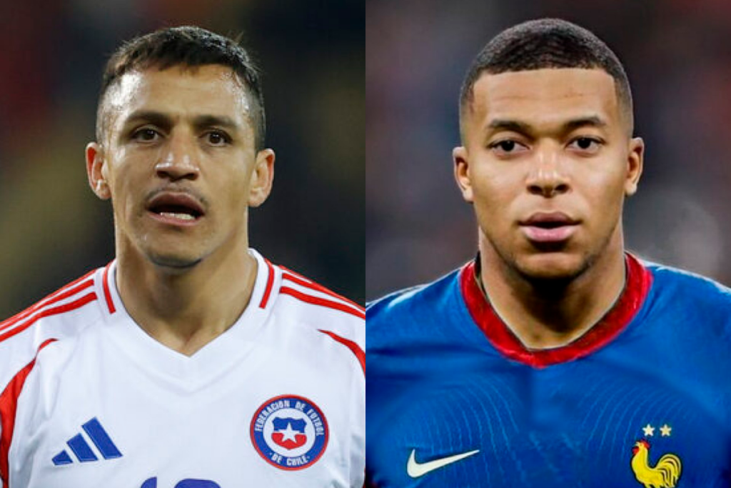 Primer plano a los rostros serios de Alexis Sánchez defendiendo a la Selección Chilena y Kylian Mbappé haciendo lo propio con Francia durante la temporada 2024.