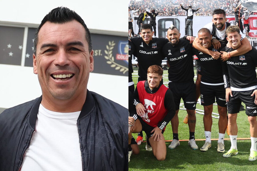 Primer plano de Esteban Paredes sonriente. Jugadores de Colo-Colo abrazados.