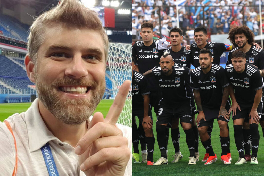 Primer plano de Manuel de Tezanos sonriente. Jugadores de Colo-Colo posando para una foto.