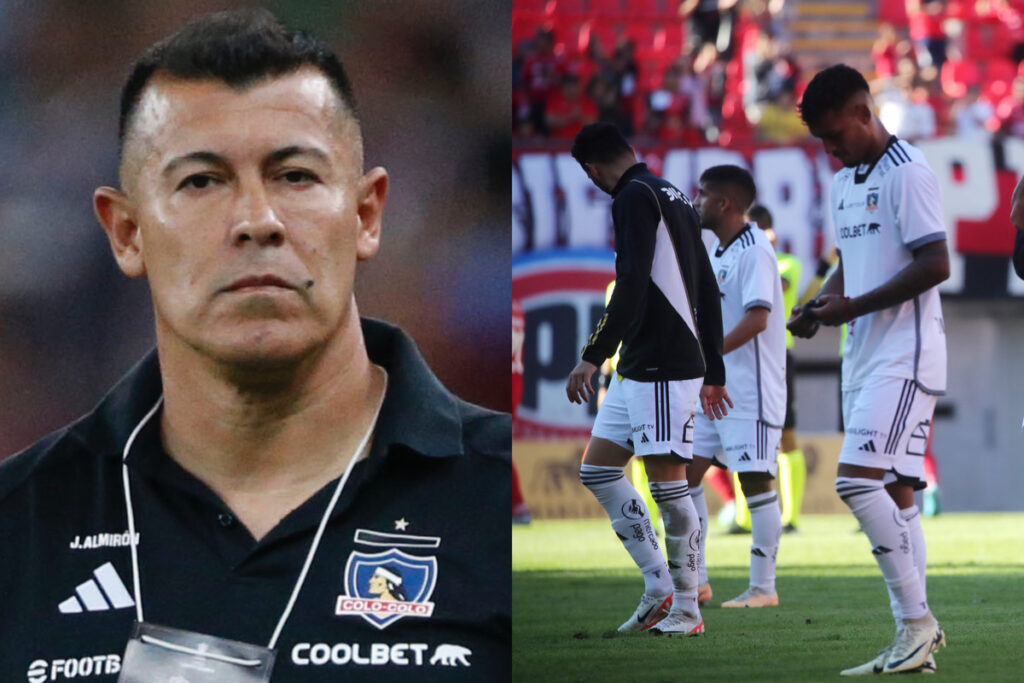 Primer plano de Jorge Almirón. Jugadores de Colo-Colo cabizbajos.