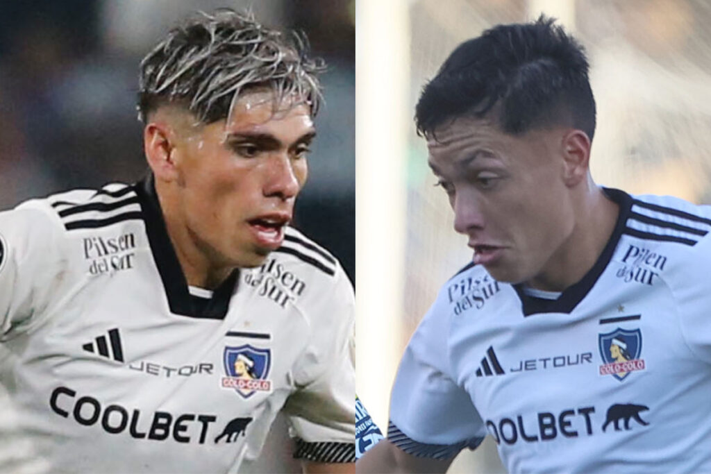 Primer plano de Carlos Palacios y Cristián Zavala con la camiseta de Colo-Colo.