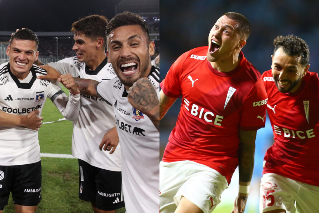 Jugadores de Colo-Colo y Universidad Católica celebrando un gol.