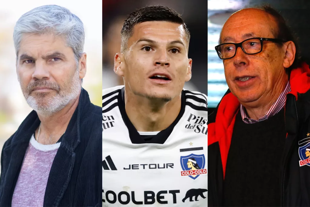 Primer plano a los rostros de Juan Cristóbal Guarello, Lucas Cepeda y Alfredo Stöhwing, periodista deportivo, futbolista de Colo-Colo y presidente de Blanco y Negro durante la temporada 2024, respectivamente.