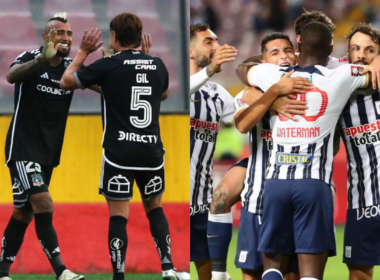 Primer plano a jugadores de Colo-Colo y Alianza Lima celebrando un gol.