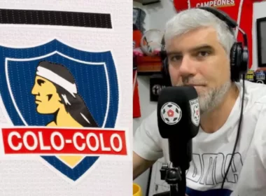 Manuel de Tezanos hablando en un micrófono y el escudo de Colo-Colo