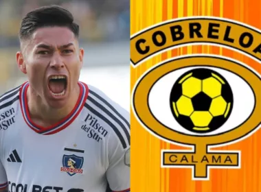 Óscar Opazo abre su boca en señal de un claro grito mientras defiende a Colo-Colo, mientras que a mano derecha se ve incrustado el logo de Cobreloa.