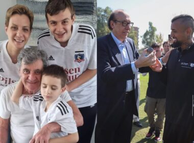 A mano izquierda la familia de Mirko Jozic, ex entrenador de Colo-Colo posan con la camiseta del club, mientras que a mano derecha aparece el presidente de Blanco y Negro, Alfredo Stöhwing, entregando una llaves al capitán Esteban Pavez.