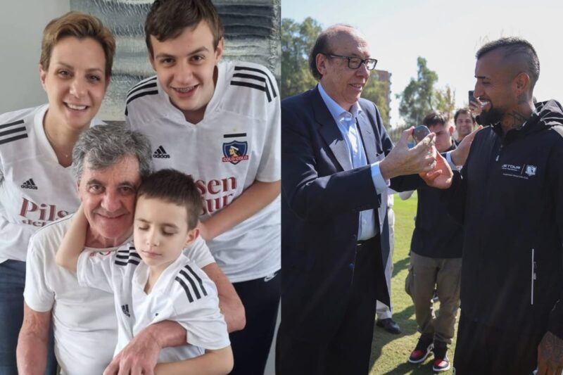 A mano izquierda la familia de Mirko Jozic, ex entrenador de Colo-Colo posan con la camiseta del club, mientras que a mano derecha aparece el presidente de Blanco y Negro, Alfredo Stöhwing, entregando una llaves al capitán Esteban Pavez.