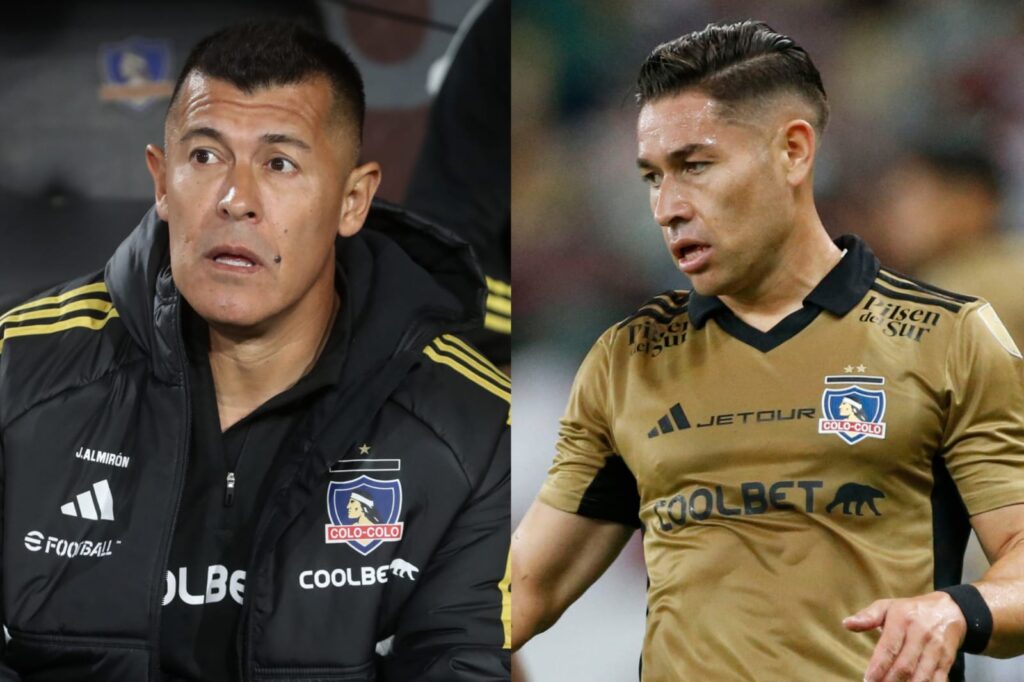 Primer plano a Jorge Almirón y Óscar Opazo con indumentaria de Colo-Colo