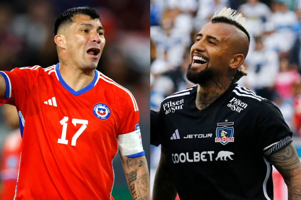 Primer plano a Gary Medel con camiseta de la Selección Chilena y Arturo Vidal con camiseta de Colo-Colo.