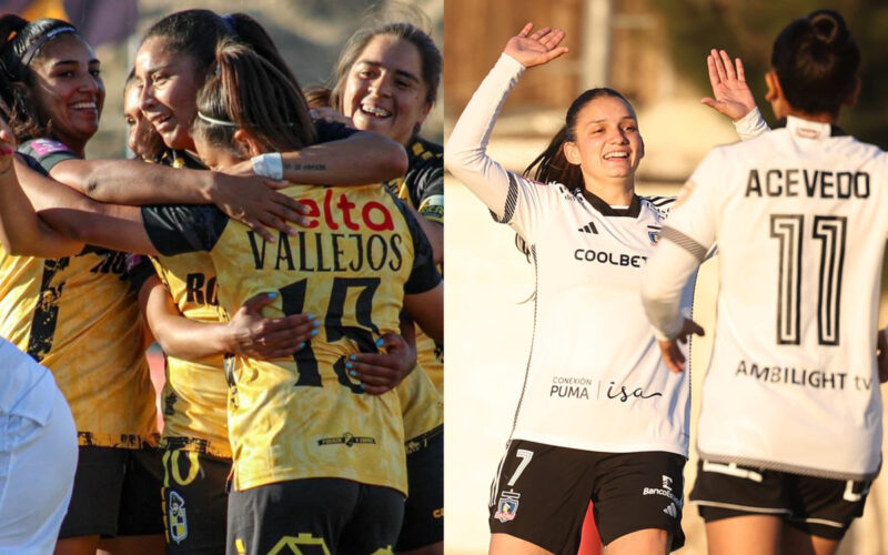 Jugadores de Coquimbo Unido Femenino y Colo-Colo Femenino celebrando un gol.