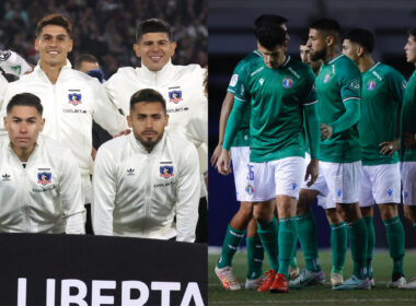 Jugadores de Colo-Colo formados, ugadores de Audax Italiano caminando en la cancha.