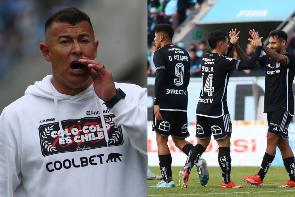 Primer plano de Jorge Almirón con la mano en su boca. Jugadores de Colo-Colo celebrando un gol.