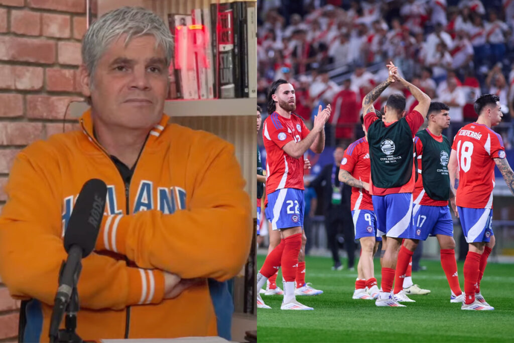 Primer plano de Juan Cristóbal Guarello. Jugadores de La Roja aplaudiendo en la cancha.