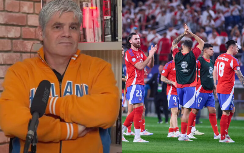 Primer plano de Juan Cristóbal Guarello. Jugadores de La Roja aplaudiendo en la cancha.